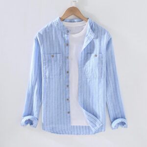 Striped Stand Collar Cotton Linen Shirt (Sao chép) (Sao chép)